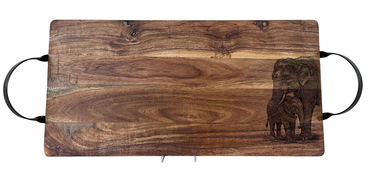 Wooden Serving Board with Mother & Baby Elephant Engraving – 500mm x 250mm | Laser-Etched Rectangular Charcuterie & Cheese Board With Handles