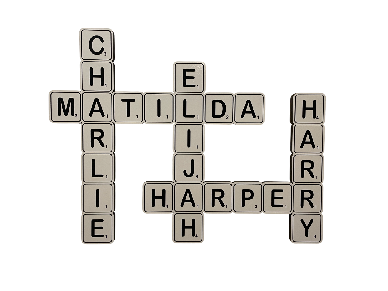 Custom Scrabble-Style Name Tile Sign – Multi-Layer MDF with Painted Engraving | Wall Mount & Desktop Stand Included