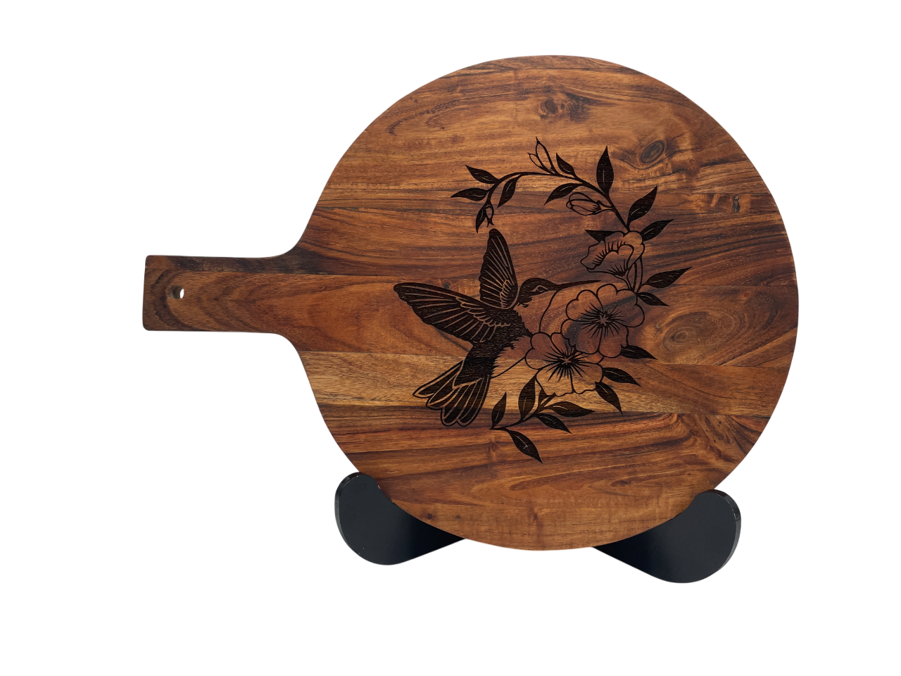 Handcrafted acacia board with nature-themed hummingbird engraving – ideal for kitchen or gift.