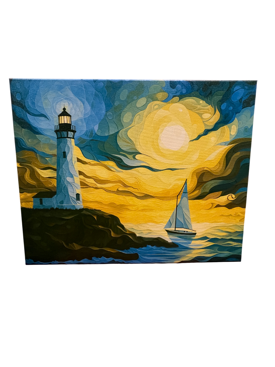 400x500 Lighthouse Canvas Wall Art – Oil Painting Style UV Print with Sailboat Scene