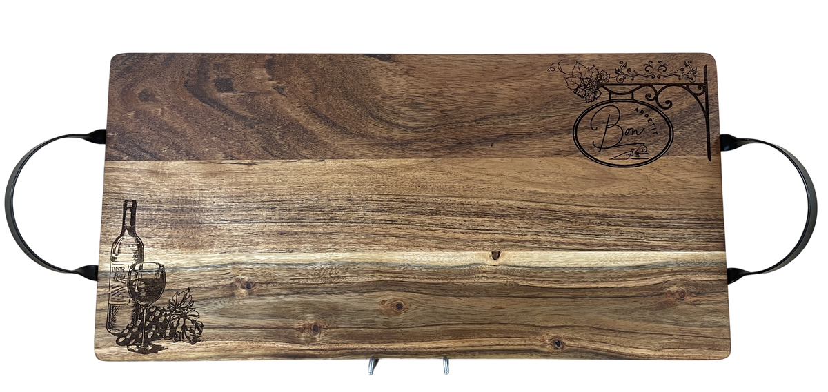 Wooden Serving Board with Wine & Grapes Engraving – 500mm x 250mm | Laser-Etched Rectangular Charcuterie & Cheese Board With Handles