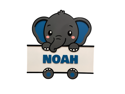 Personalised Elephant Name Sign – Blue | Custom Wall or Desktop Bedroom Decor for Boys