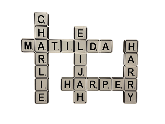 Custom Scrabble-Style Name Tile Sign – Multi-Layer MDF with Painted Engraving | Wall Mount & Desktop Stand Included
