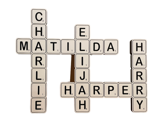 Custom Scrabble-Style Name Tile Sign – Multi-Layer MDF with Painted Engraving | Wall Mount & Desktop Stand Included