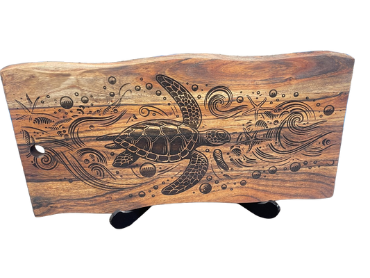 Wooden Serving Board with Ocean Turtle Engraving – 570mm x 270mm | Laser-Etched Rectangular Charcuterie & Cheese Board