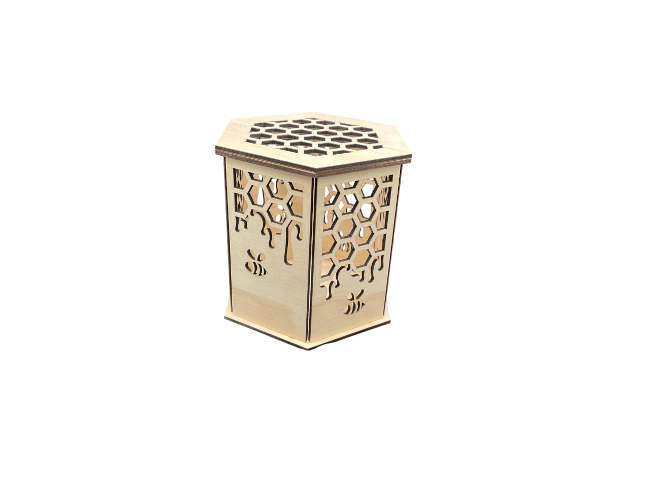Hexagon Bee & Honeycomb Laser-Cut Wooden Gift Box – 120mm x 125mm