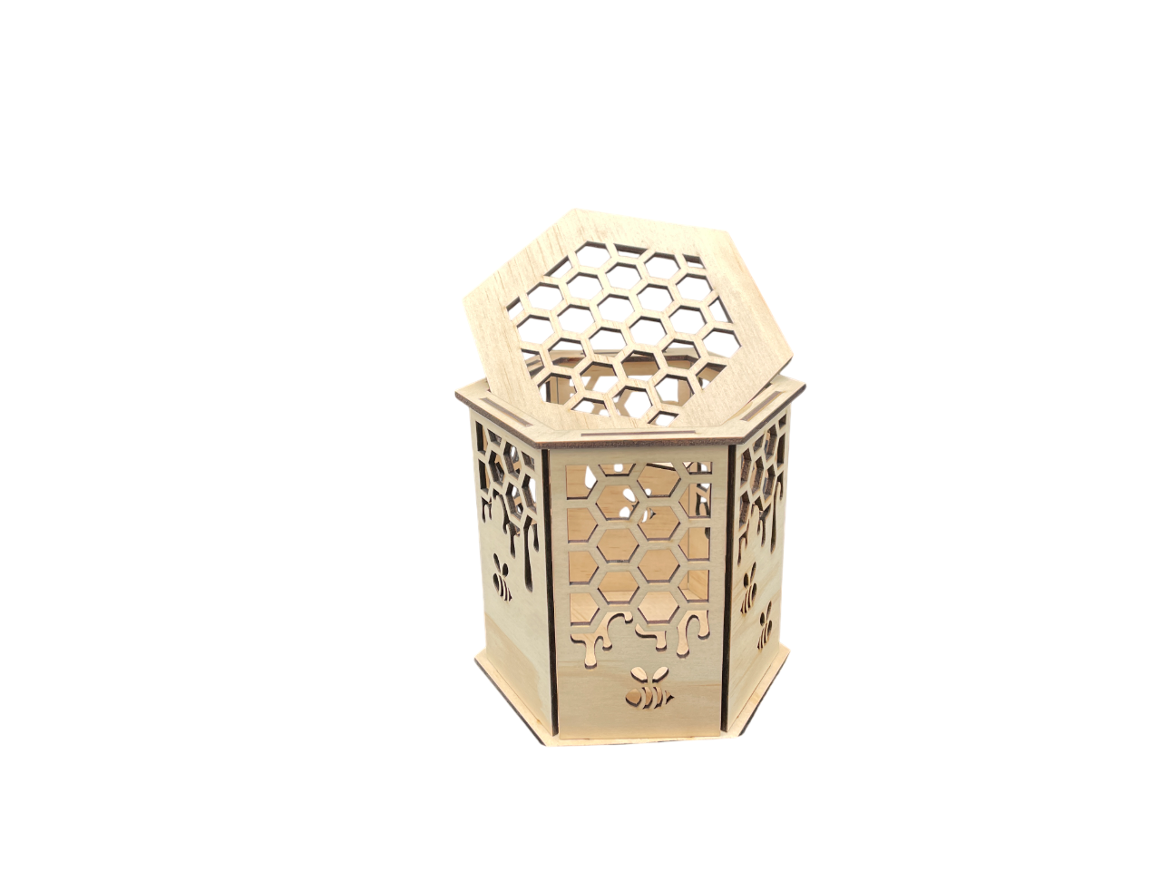 Hexagon Bee & Honeycomb Laser-Cut Wooden Gift Box – 120mm x 125mm