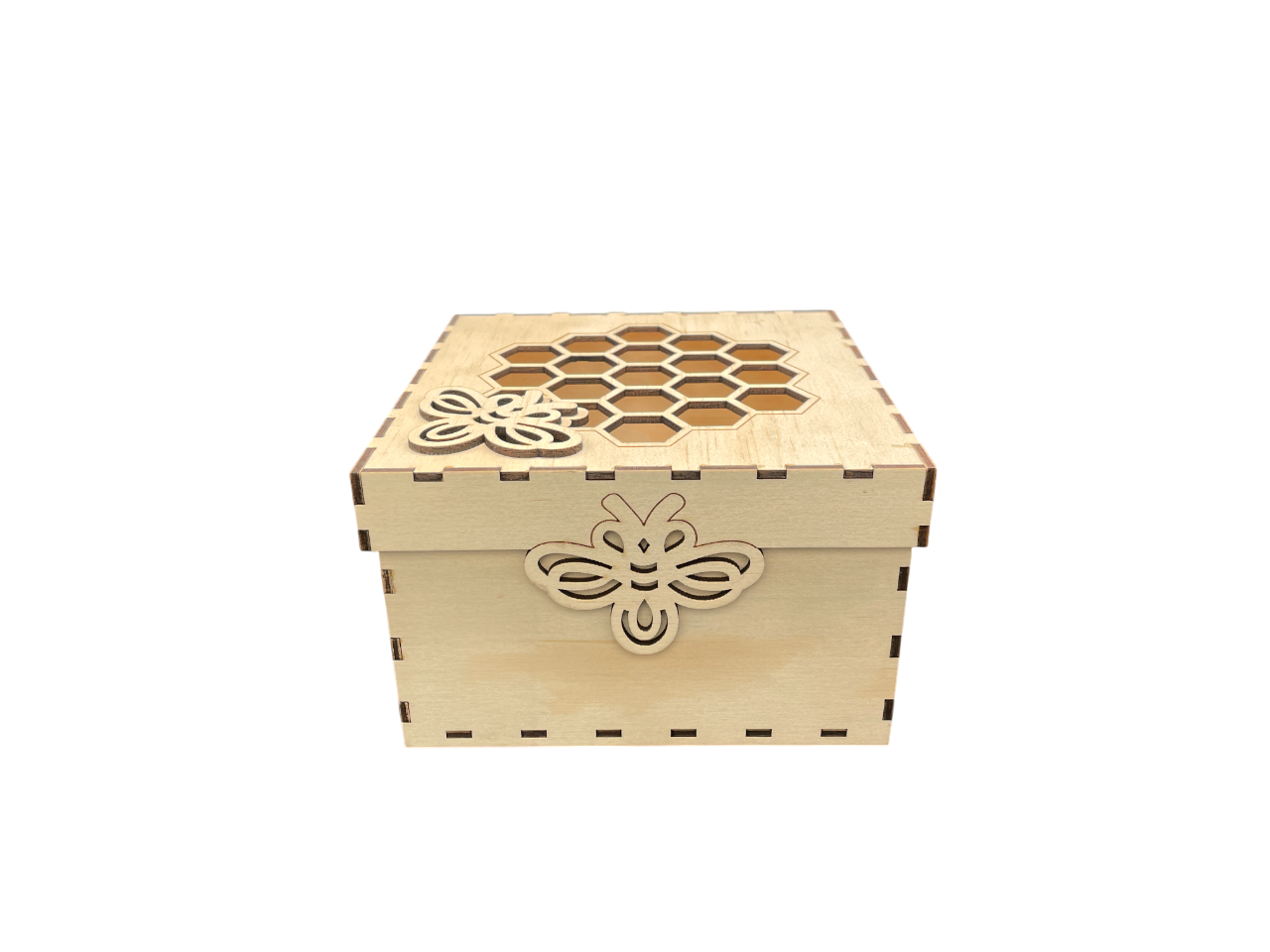 Side view of square wooden gift box with intricate lid design, made from 3mm plywood.