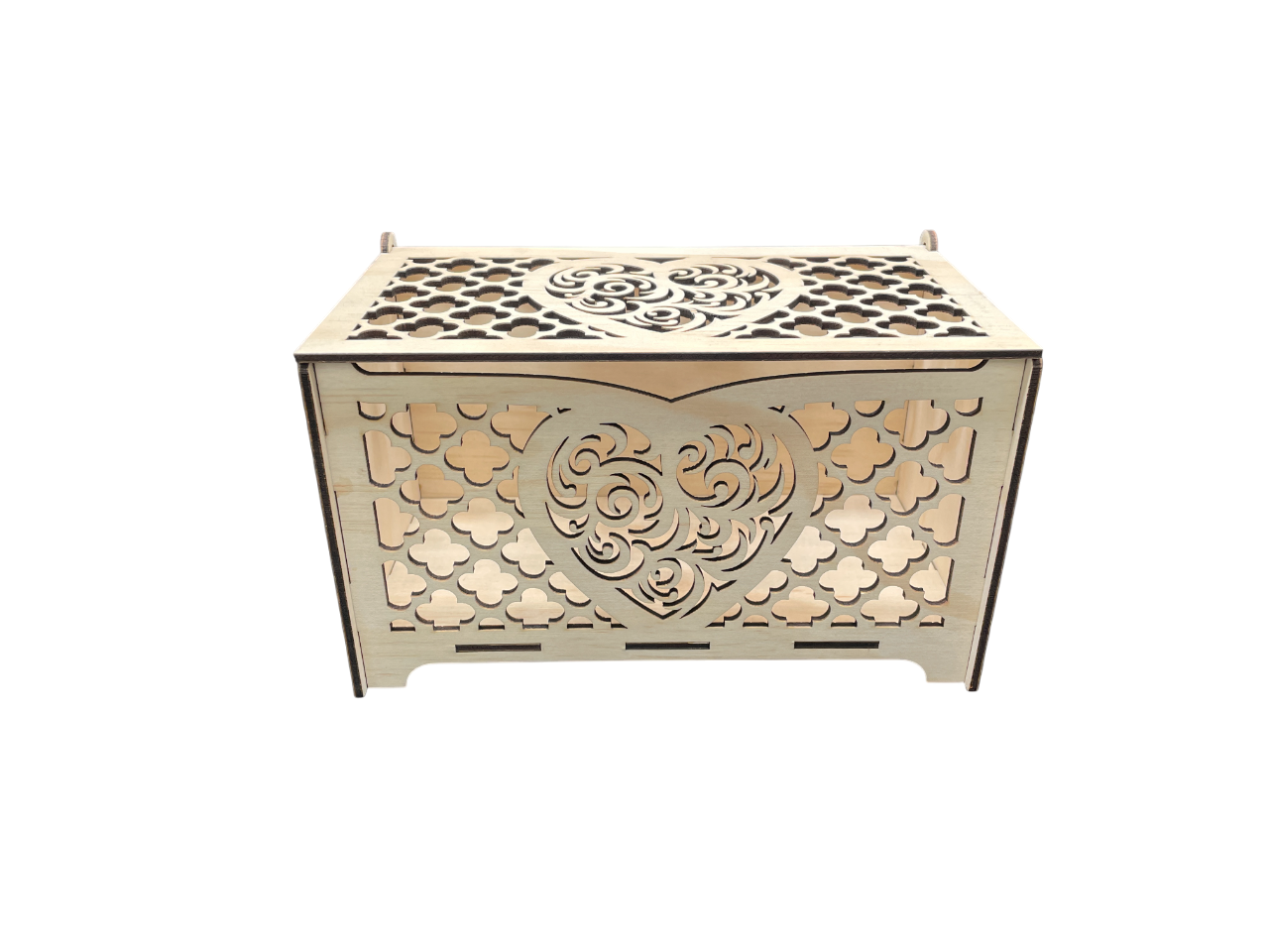 Close-up of laser-cut details on plywood gift box – perfect for weddings or anniversaries.