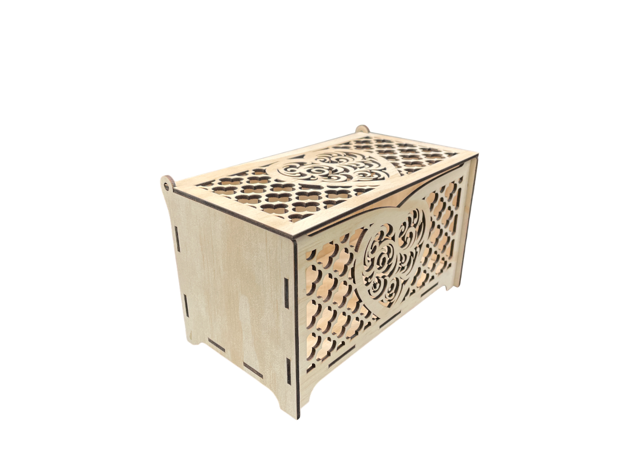 Side view of handcrafted wooden storage box with intricate heart cutout pattern.