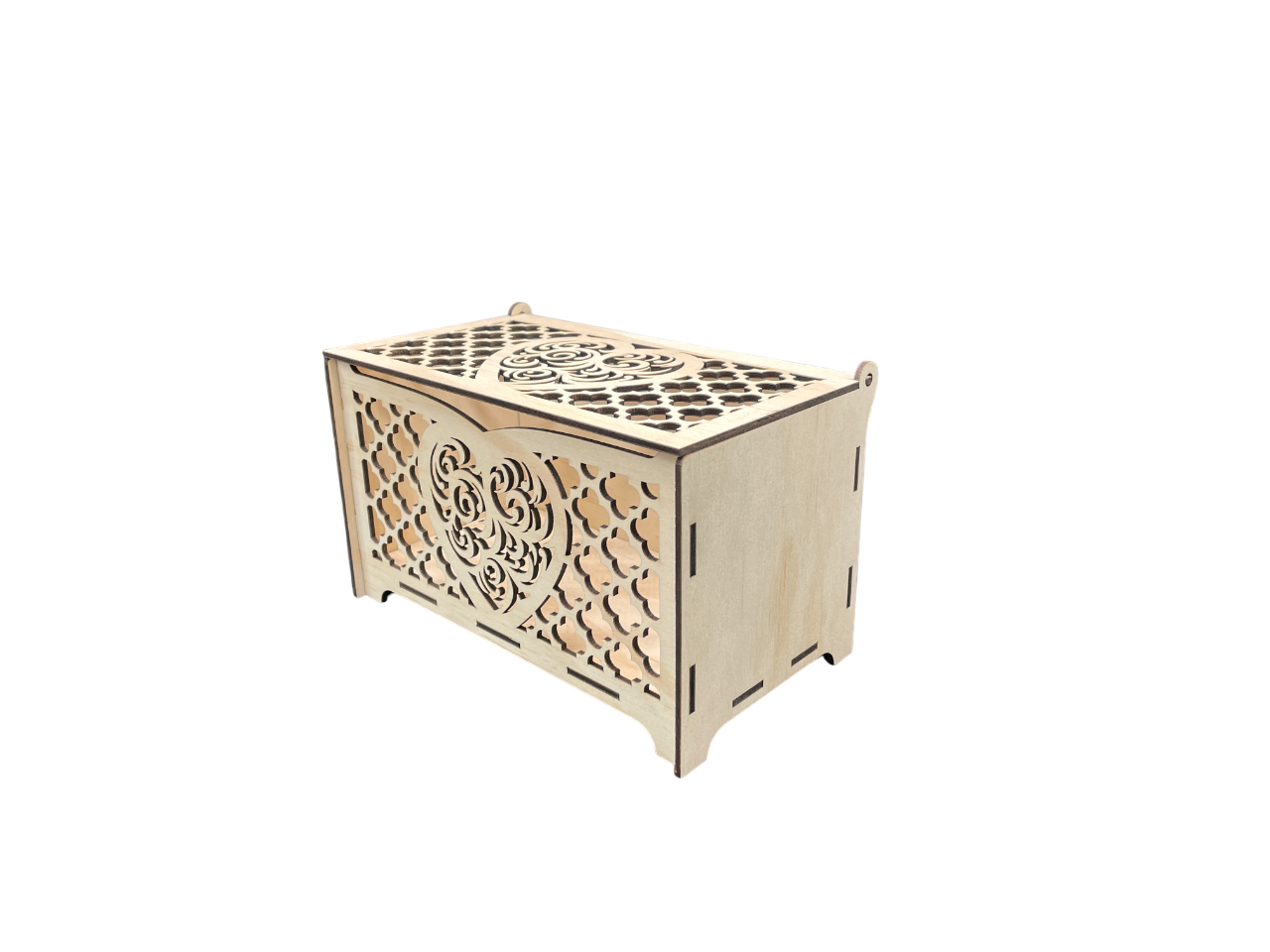 Side view of handcrafted wooden storage box with intricate heart cutout pattern