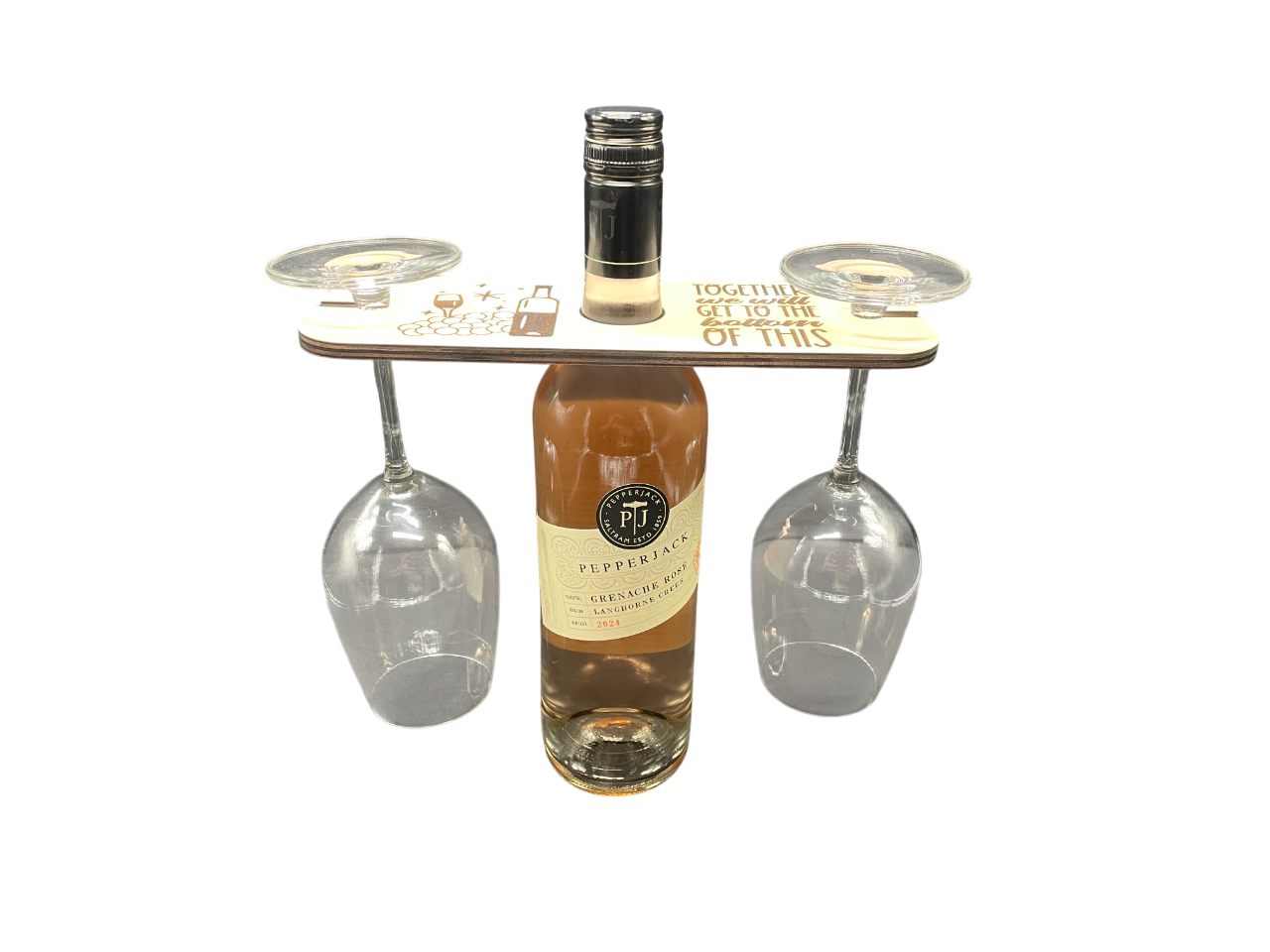 Together We Will Get To The Bottom Of This” Wine Caddy – Wooden Holder for 1 Bottle & 2 Glasses | Couples Wine Gift