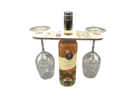 Together We Will Get To The Bottom Of This” Wine Caddy – Wooden Holder for 1 Bottle & 2 Glasses | Couples Wine Gift