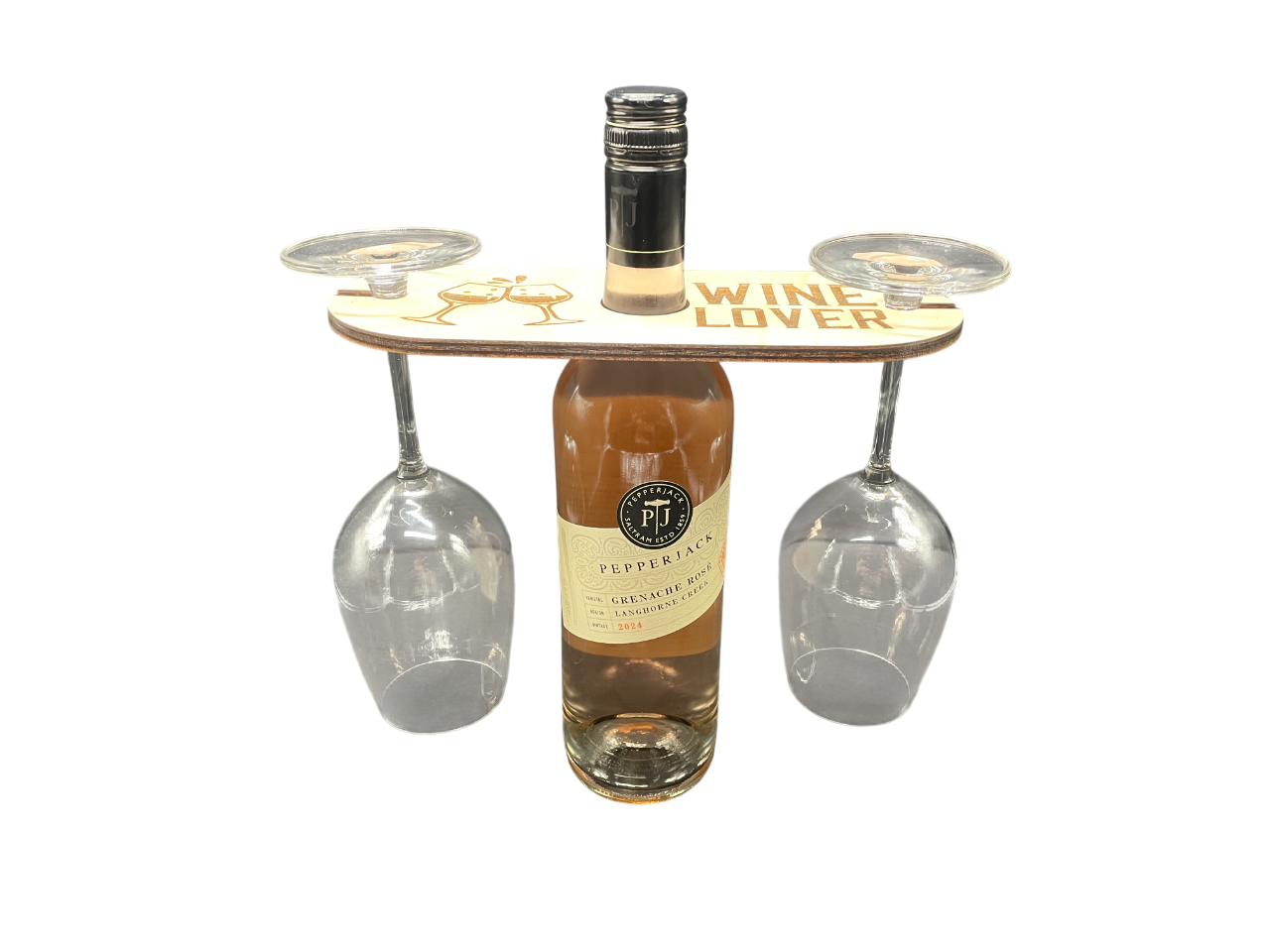 Rustic Wooden Wine Caddy – “Wine Lover” Engraved – Holds 1 Bottle & 2 Glasses | Gift for Wine Enthusiasts