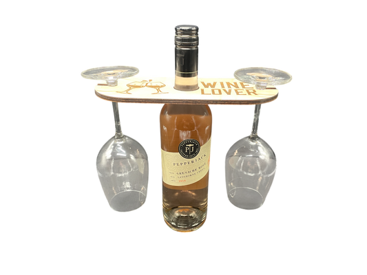 Rustic Wooden Wine Caddy – “Wine Lover” Engraved – Holds 1 Bottle & 2 Glasses | Gift for Wine Enthusiasts