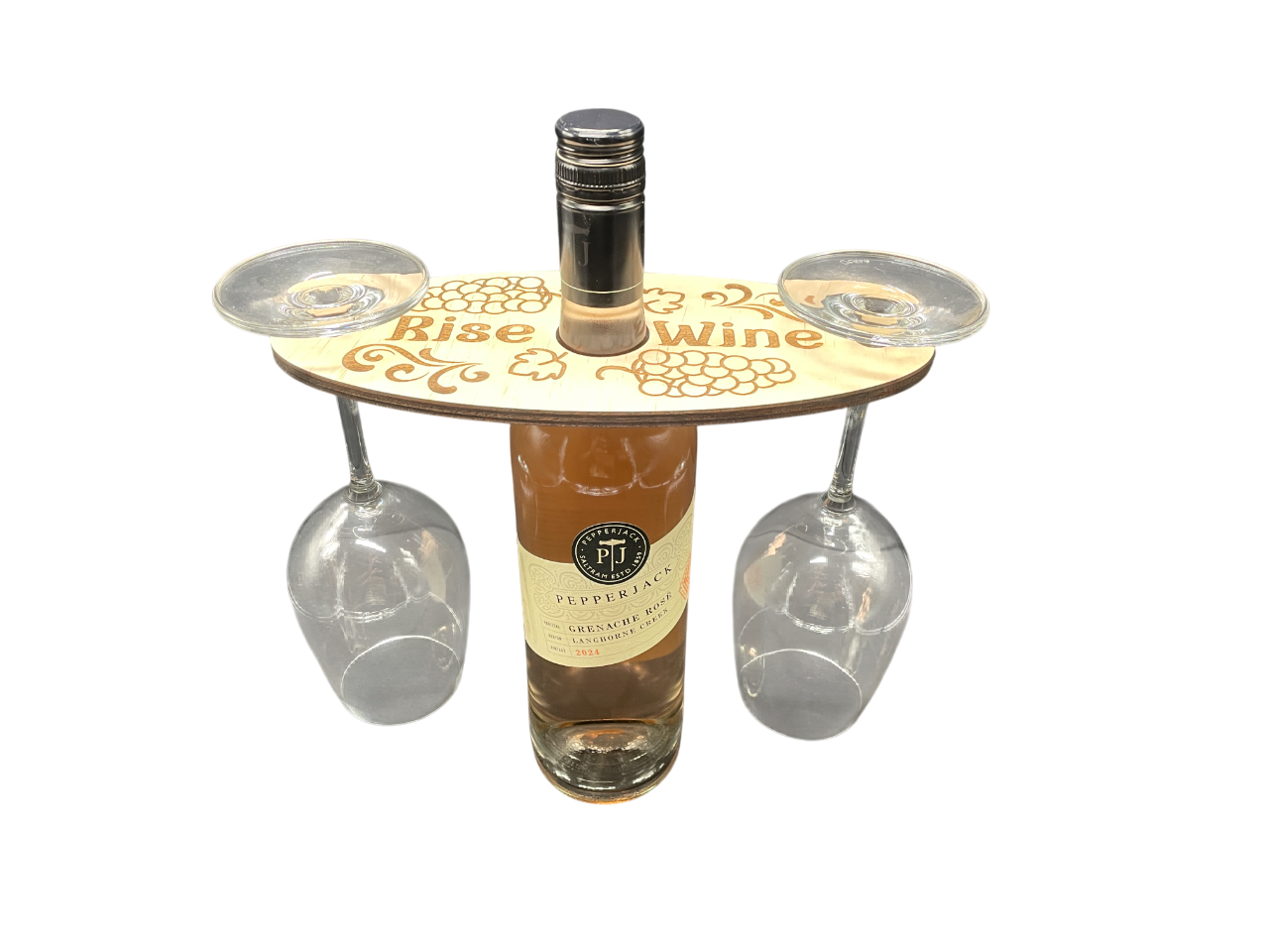 Rise & Wine Wooden Wine Caddy – Rustic Holder for 1 Bottle & 2 Glasses | Morning Wine Picnic Gift Idea