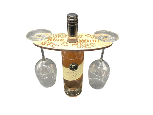 Rise & Wine Wooden Wine Caddy – Rustic Holder for 1 Bottle & 2 Glasses | Morning Wine Picnic Gift Idea