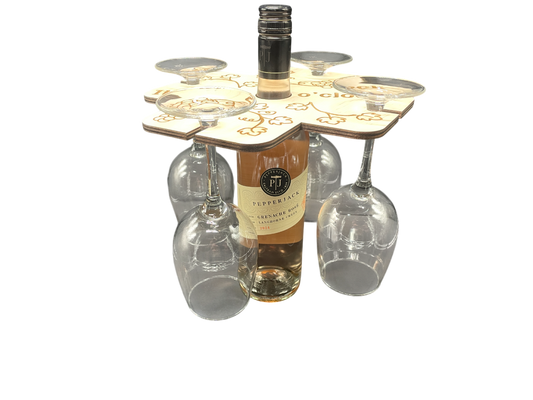 It’s Wine O’Clock Wooden Wine Caddy – Holds 1 Bottle & 4 Glasses | Rustic Wine Carrier & Entertaining Gift Idea