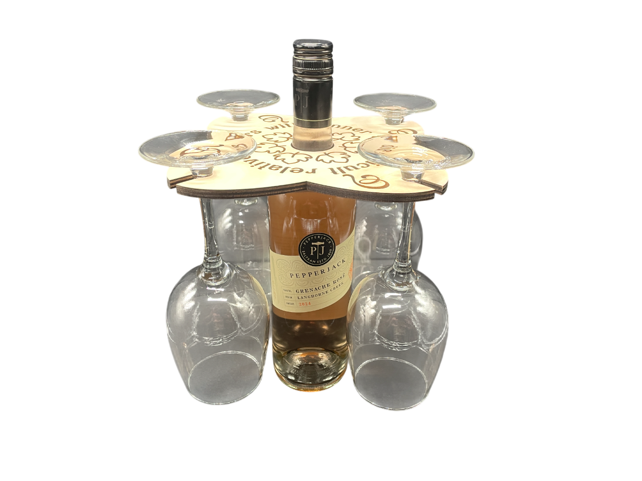 “Pairs With Dinner & Difficult Relatives” Wine Caddy – 4-Glass Wooden Wine Holder | Humorous Host Gift or Dinner Party Essential