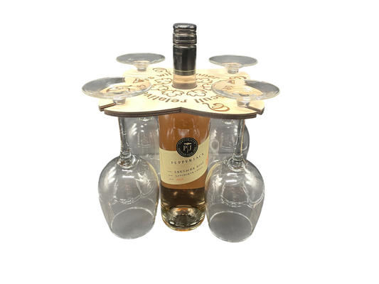 “Pairs With Dinner & Difficult Relatives” Wine Caddy – 4-Glass Wooden Wine Holder | Humorous Host Gift or Dinner Party Essential