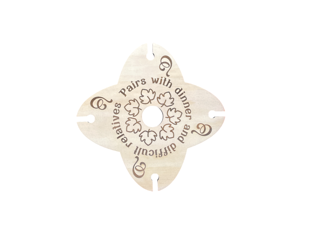 “Pairs With Dinner & Difficult Relatives” Wine Caddy – 4-Glass Wooden Wine Holder | Humorous Host Gift or Dinner Party Essential