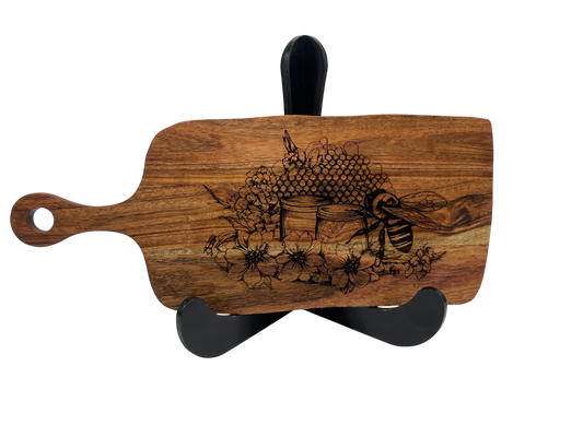 Wooden Serving Board with Bees & Honeycomb Engraving – 420mm x 180mm | Laser-Etched Rectangular Charcuterie & Cheese Board