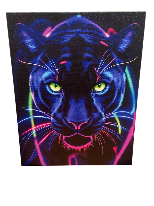 400x500 Neon Panther Canvas Wall Art – Vibrant UV Print on Black Background