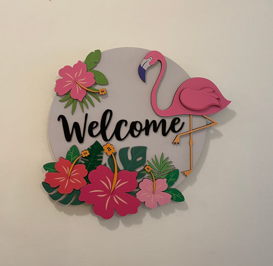 “Welcome” Flamingo Sign
